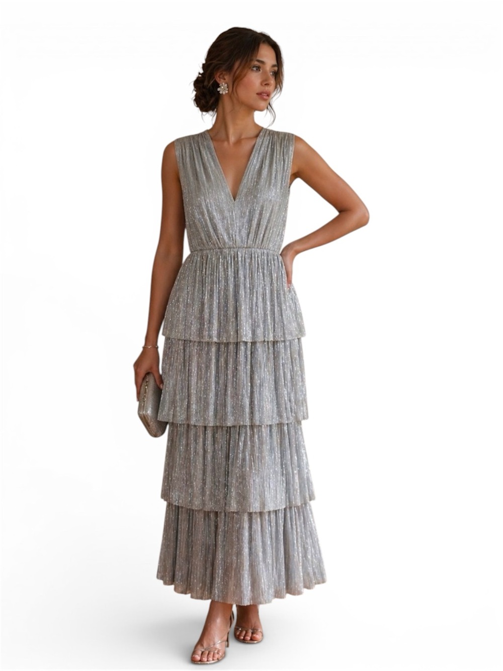 Sabina Musayev Skylar Pleated Maxi Dress M Silvery Ice Blue Lurex Tiered Revolve